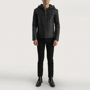 Close-Up Detail of Hooded &amp; Zipper Hardware on Men's Spratt Svart Hooded Skinnjakke for Herre