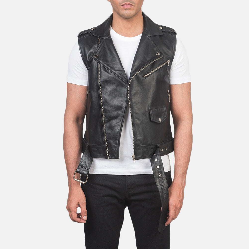 
Sullivan Black Leather Biker Vest in Black Cowhide Leather - Front Profile View & Tailored Silhouette | Buy Online