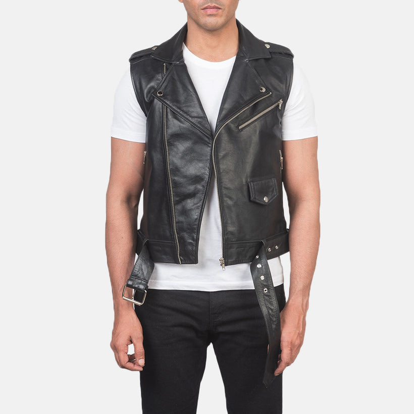 Sullivan Svart Leather Biker Vest for Herre
