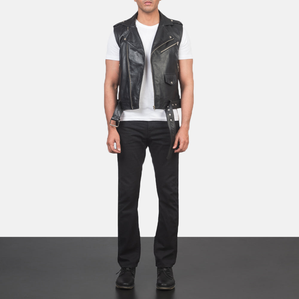 
Sullivan Black Leather Biker Vest - Lateral Side Profile View Showing Sleeve Cut & Athletic Taper Fit
