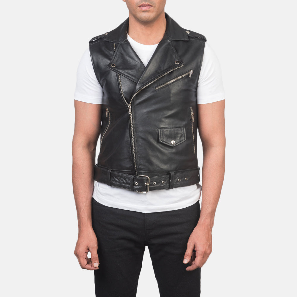 
Close-Up Detail of Notch & Zipper Hardware on Sullivan Black Leather Biker Vest