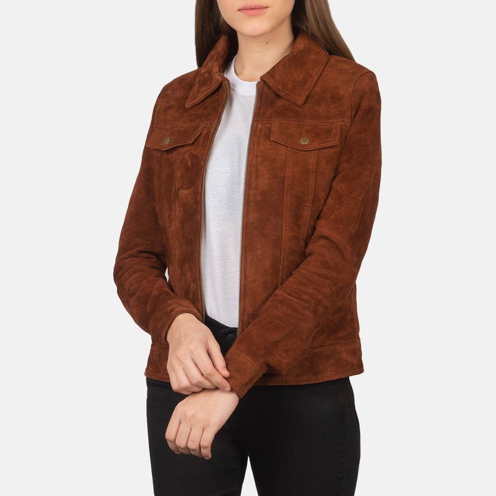 
Suzy Brown Suede Trucker Jacket in Brown Goatskin Suede - Front Profile View & Tailored Silhouette | Buy Online