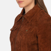 
Suzy Brown Suede Trucker Jacket - Lateral Side Profile View Showing Sleeve Cut & Athletic Taper Fit