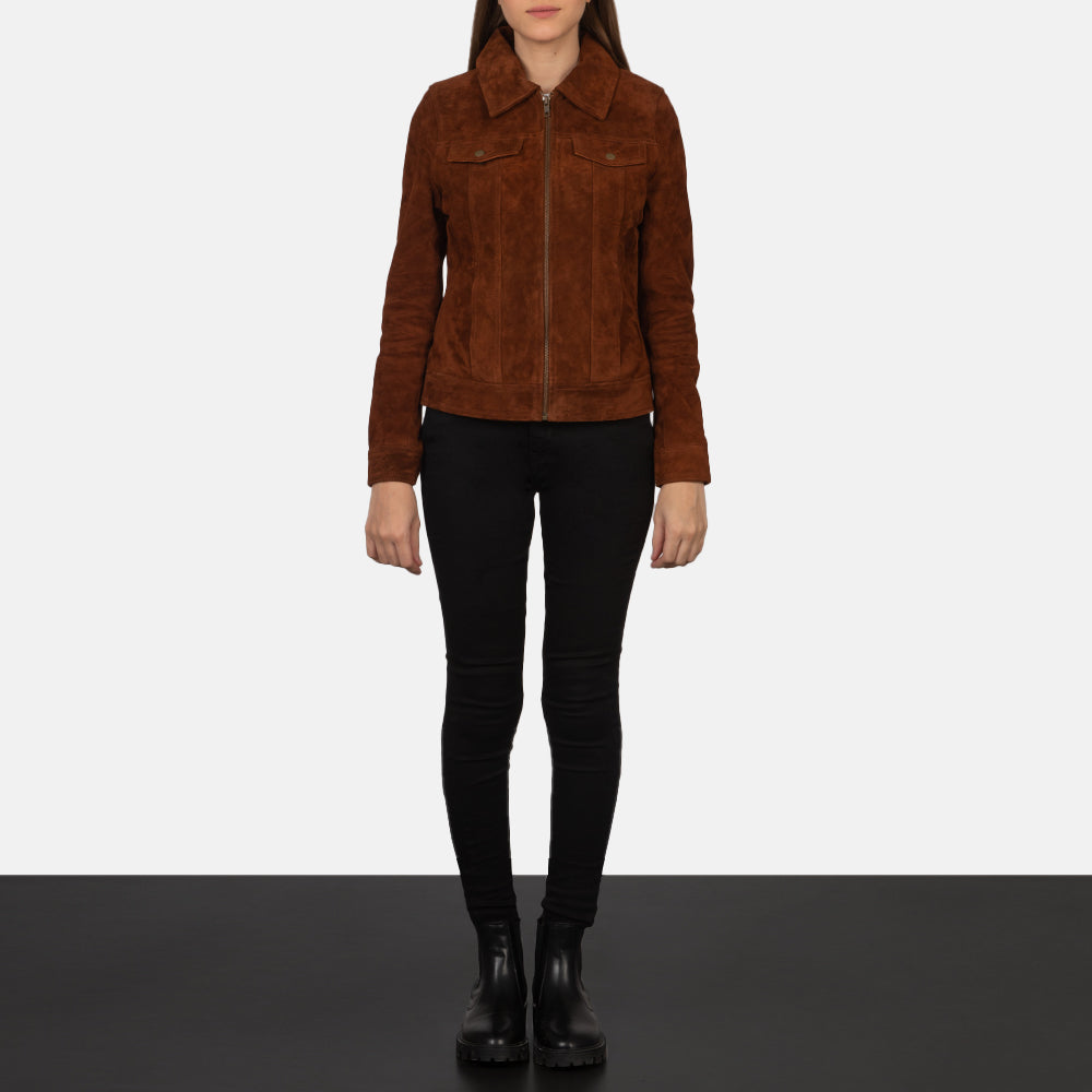 
Close-Up Detail of Shirt & Zipper Hardware on Suzy Brown Suede Trucker Jacket