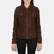 
Styled Fit Perspective of Suzy Brown Suede Trucker Jacket on Model - Natural Daylight Drape