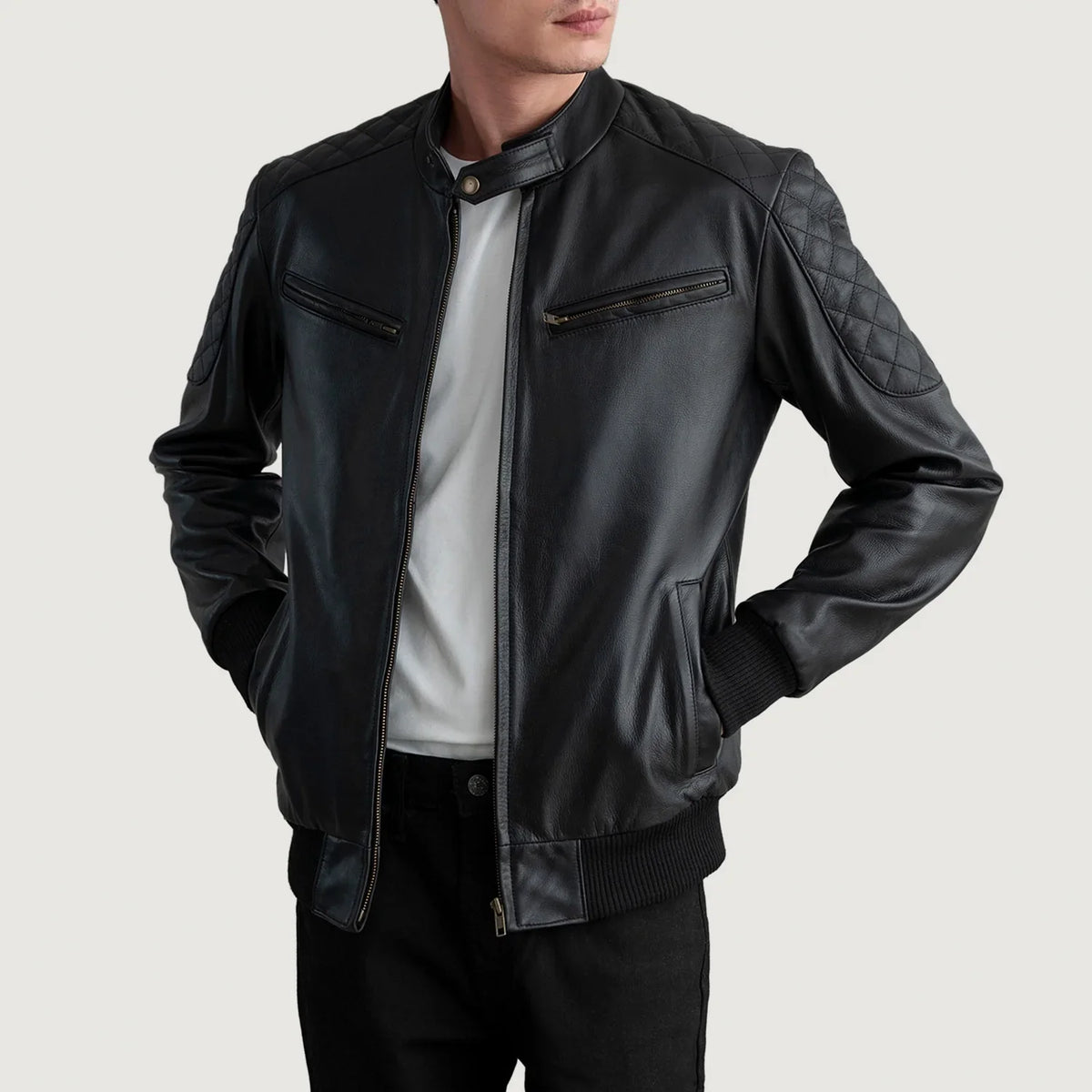 
Sven Mocha Suede Bomber Jacket - Lateral Side Profile View Showing Sleeve Cut & Athletic Taper Fit
