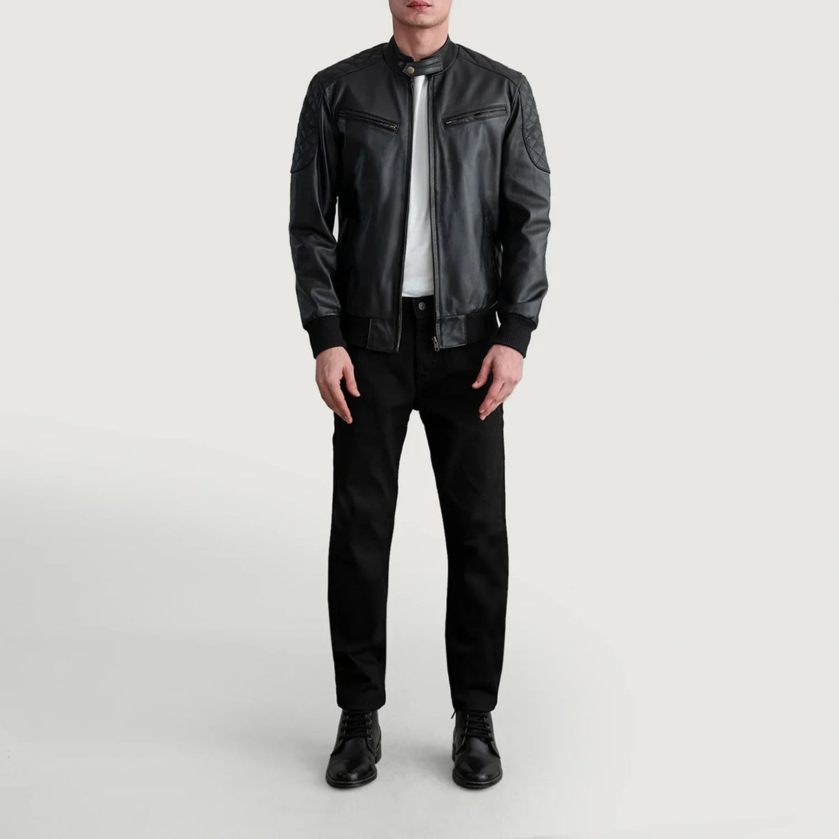 
Close-Up Detail of Band with Snap Button & Zipper Hardware on Sven Mocha Suede Bomber Jacket