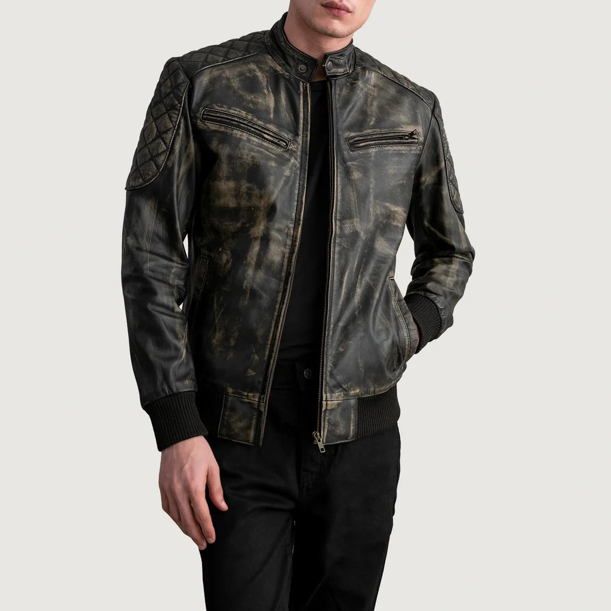 
Rib Knit & Hem Craftsmanship Construction Detail on Sven Mocha Suede Bomber Jacket