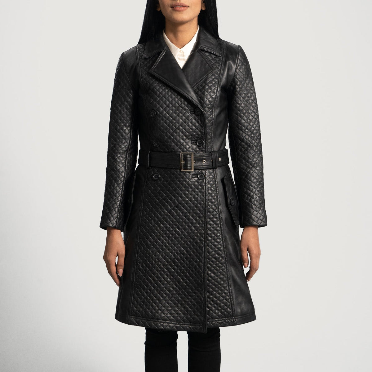 
Sweet Susan Black Leather Trench Coat in Black Sheepskin Leather - Front Profile View & Tailored Silhouette | Buy Online