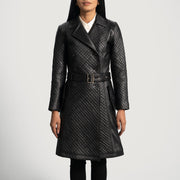
Sweet Susan Black Leather Trench Coat in Black Sheepskin Leather - Front Profile View & Tailored Silhouette | Buy Online