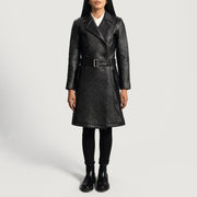 
Sweet Susan Black Leather Trench Coat - Lateral Side Profile View Showing Sleeve Cut & Athletic Taper Fit