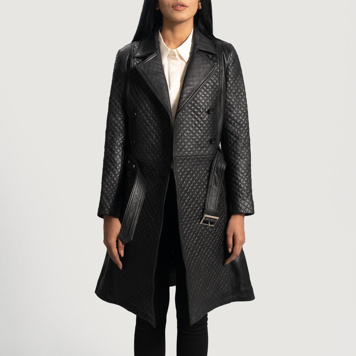 
Close-Up Detail of Notch & Button & waist belt Hardware on Sweet Susan Black Leather Trench Coat