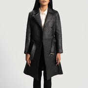 
Close-Up Detail of Notch & Button & waist belt Hardware on Sweet Susan Black Leather Trench Coat