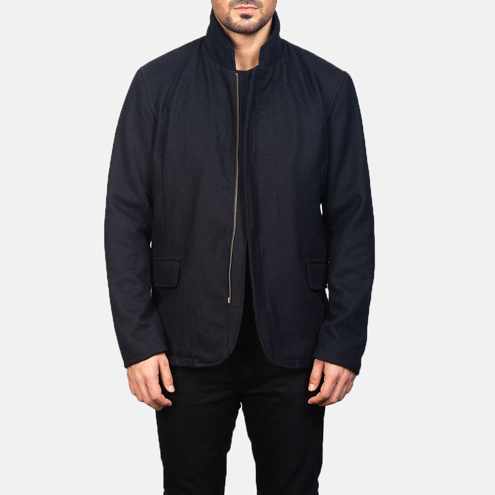 Men's Thomas Svart Wool Skinnjakke for Herre in Black Synthetic Wool - Front Profile View &amp; Tailored Silhouette | Buy Online