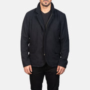 Close-Up Detail of Nehru &amp; Zipper with Dual Puller Hardware on Men's Thomas Svart Wool Skinnjakke for Herre