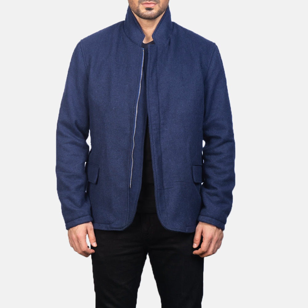 Men's Thomas Blue Wool Skinnjakke for Herre in Navy Blue Synthetic Wool - Front Profile View &amp; Tailored Silhouette | Buy Online