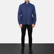 Men's Thomas Blue Wool Skinnjakke for Herre - Lateral Side Profile View Showing Sleeve Cut &amp; Athletic Taper Fit