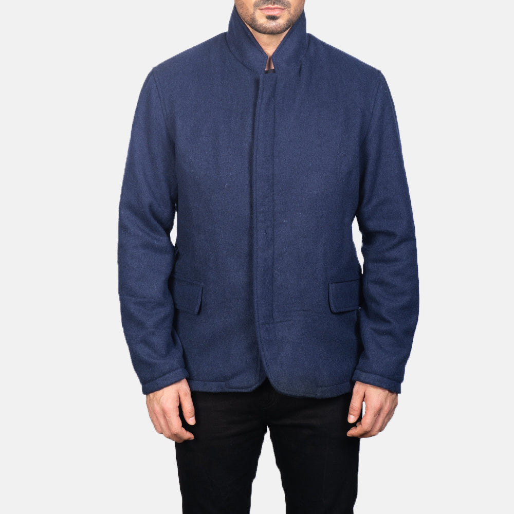 Close-Up Detail of Nehru &amp; Zipper with Dual Puller Hardware on Men's Thomas Blue Wool Skinnjakke for Herre