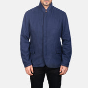 Close-Up Detail of Nehru &amp; Zipper with Dual Puller Hardware on Men's Thomas Blue Wool Skinnjakke for Herre