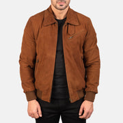 
Tomchi Tan Suede Leather Jacket in Brown Goatskin Suede - Front Profile View & Tailored Silhouette | Buy Online