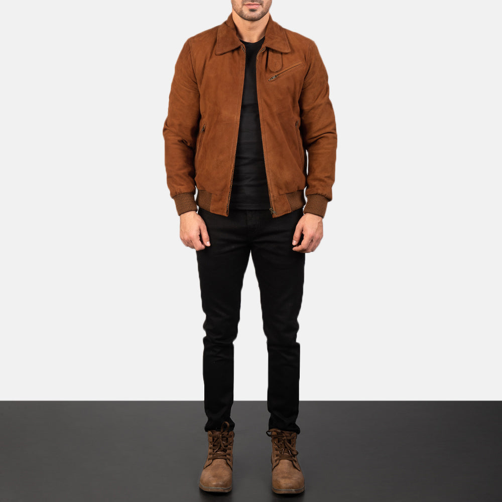 
Tomchi Tan Suede Leather Jacket - Lateral Side Profile View Showing Sleeve Cut & Athletic Taper Fit