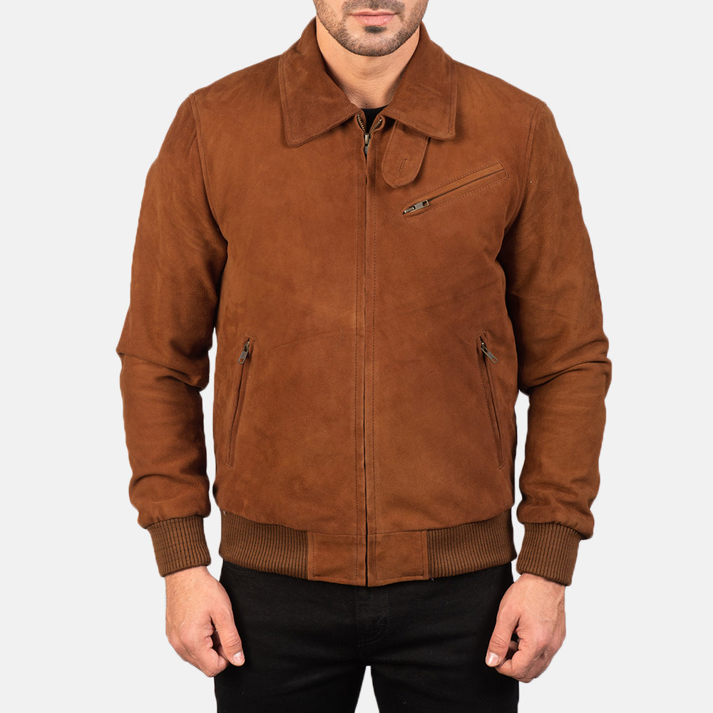 
Close-Up Detail of Shirt & Zipper Hardware on Tomchi Tan Suede Leather Jacket