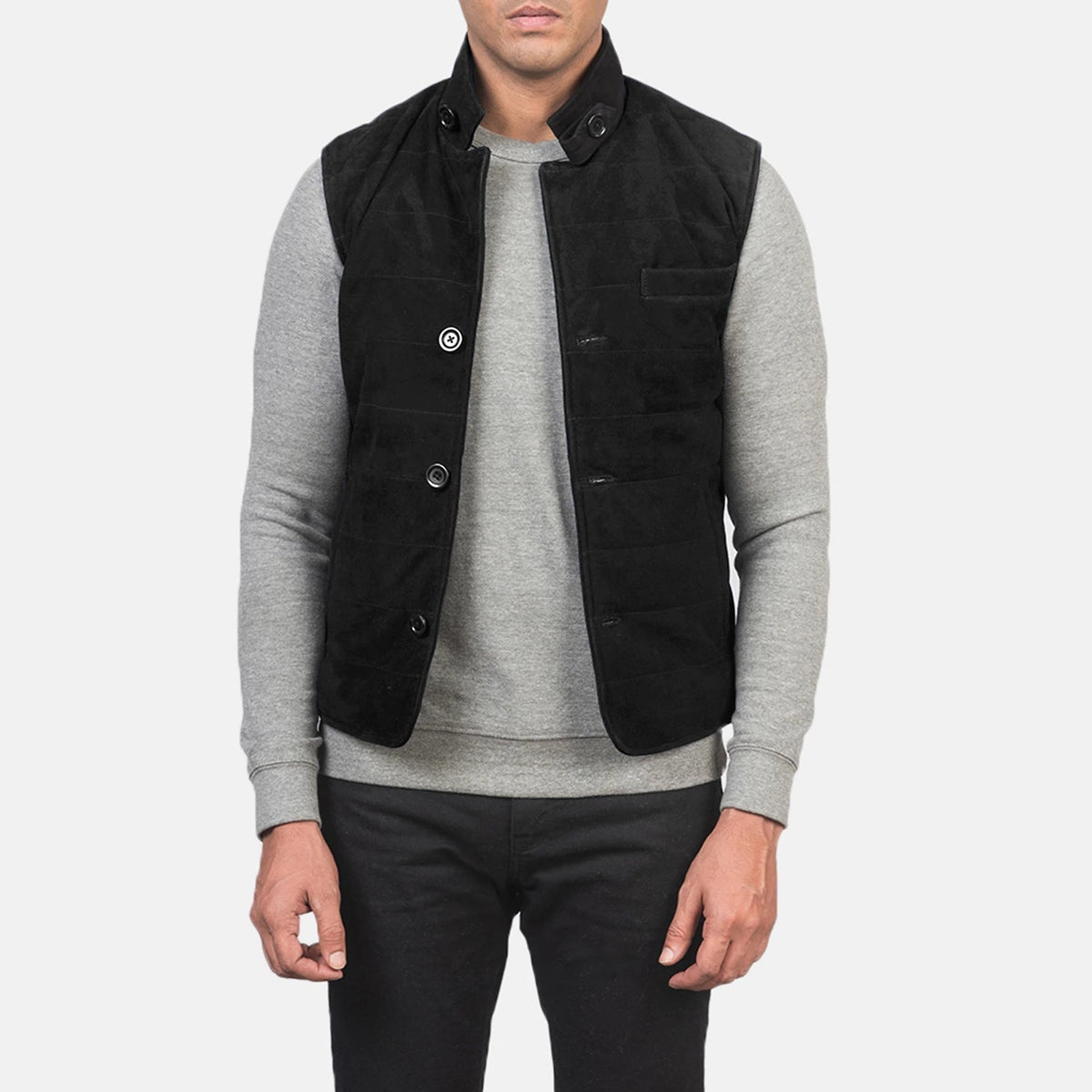 Men's Tony Svart Suede Vest for Herre in Black Goatskin Suede - Front Profile View &amp; Tailored Silhouette | Buy Online