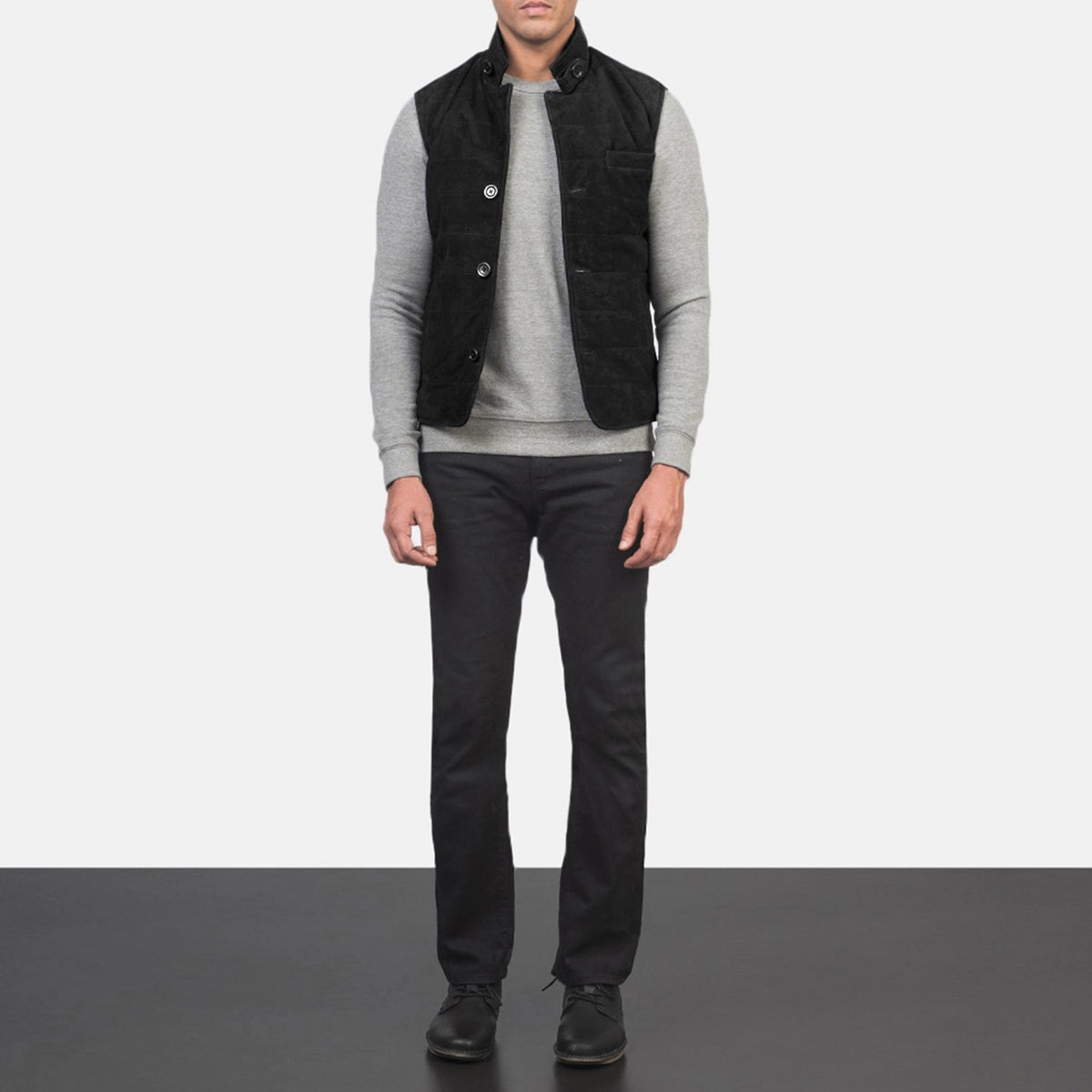 Men's Tony Svart Suede Vest for Herre - Lateral Side Profile View Showing Sleeve Cut &amp; Athletic Taper Fit