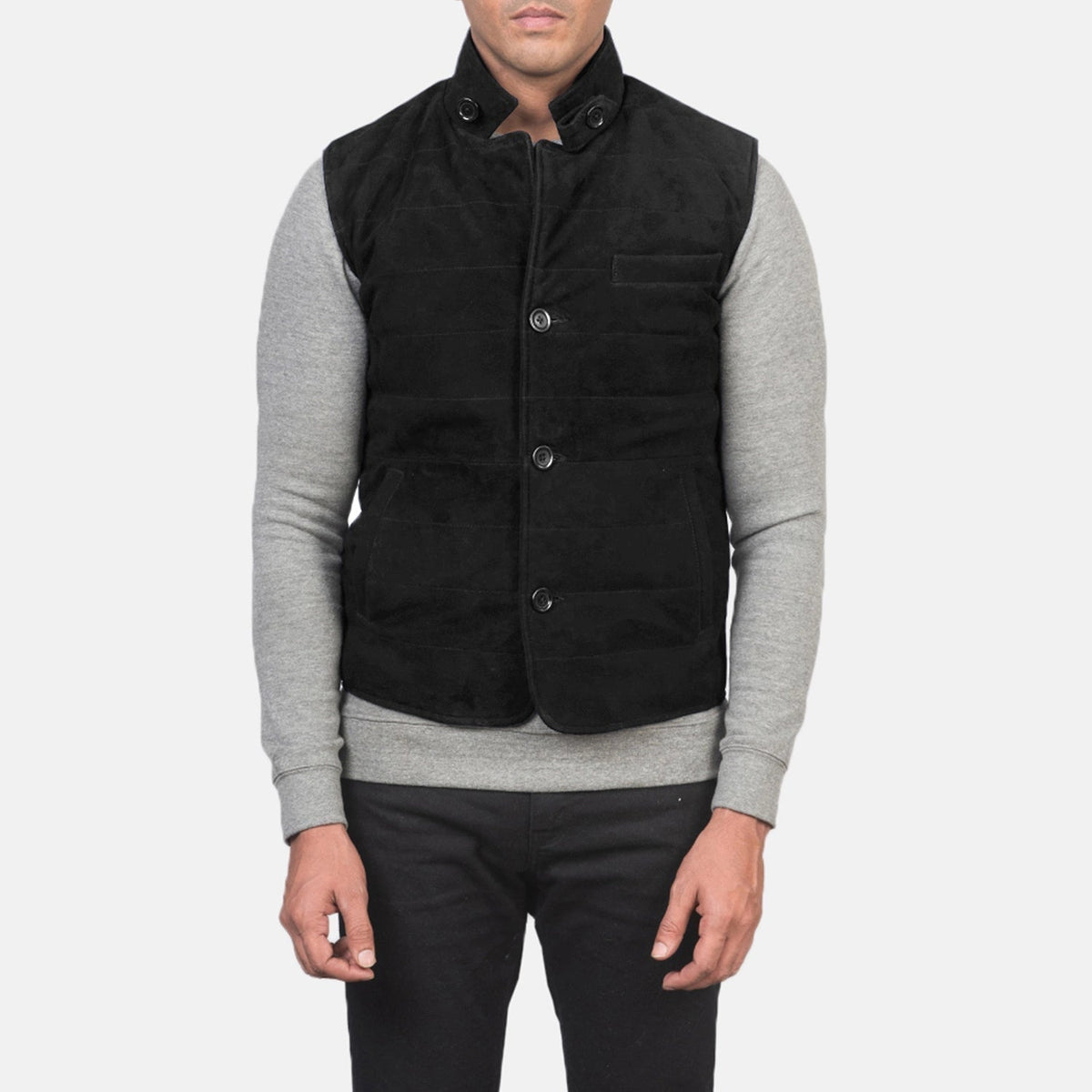 Close-Up Detail of Notch with removable throat latch &amp; Button Hardware on Men's Tony Svart Suede Vest for Herre