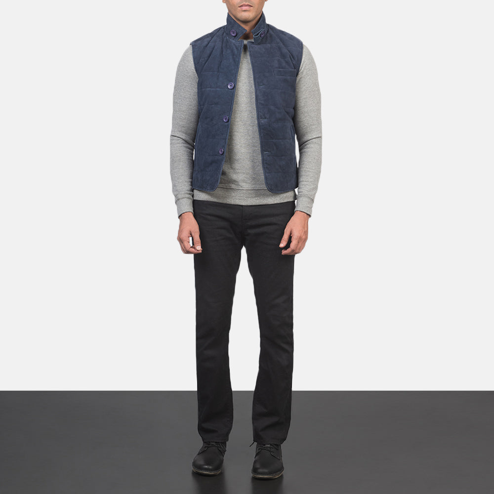 Men's Tony Blue Suede Vest for Herre - Lateral Side Profile View Showing Sleeve Cut &amp; Athletic Taper Fit