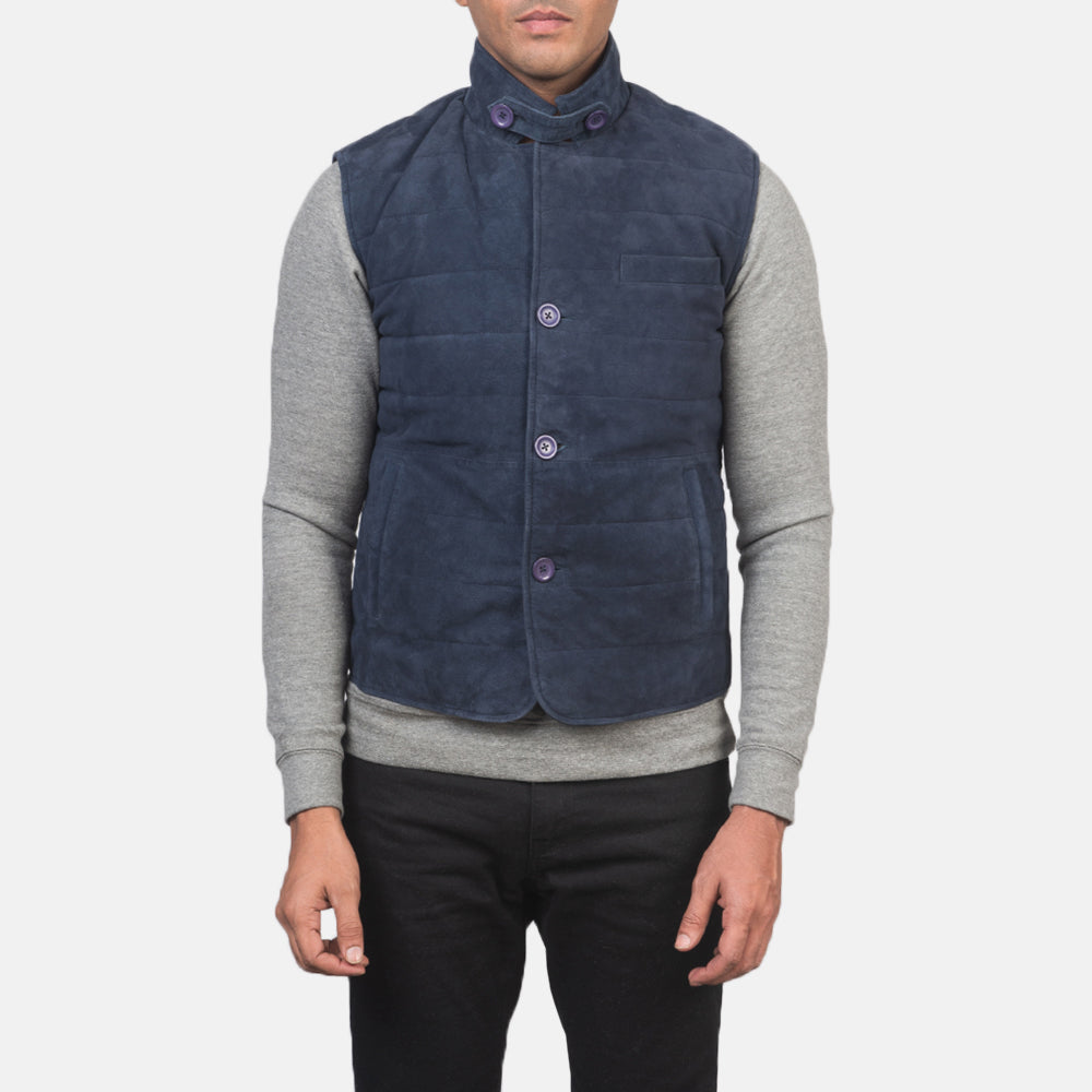 Close-Up Detail of Notch with removable throat latch &amp; Button Hardware on Men's Tony Blue Suede Vest for Herre