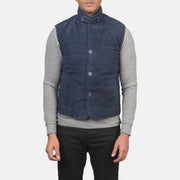 Close-Up Detail of Notch with removable throat latch &amp; Button Hardware on Men's Tony Blue Suede Vest for Herre