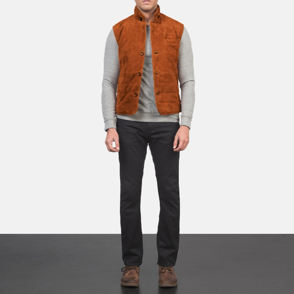 
Tony Brown Suede Vest - Lateral Side Profile View Showing Sleeve Cut & Athletic Taper Fit