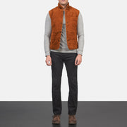 
Tony Brown Suede Vest - Lateral Side Profile View Showing Sleeve Cut & Athletic Taper Fit