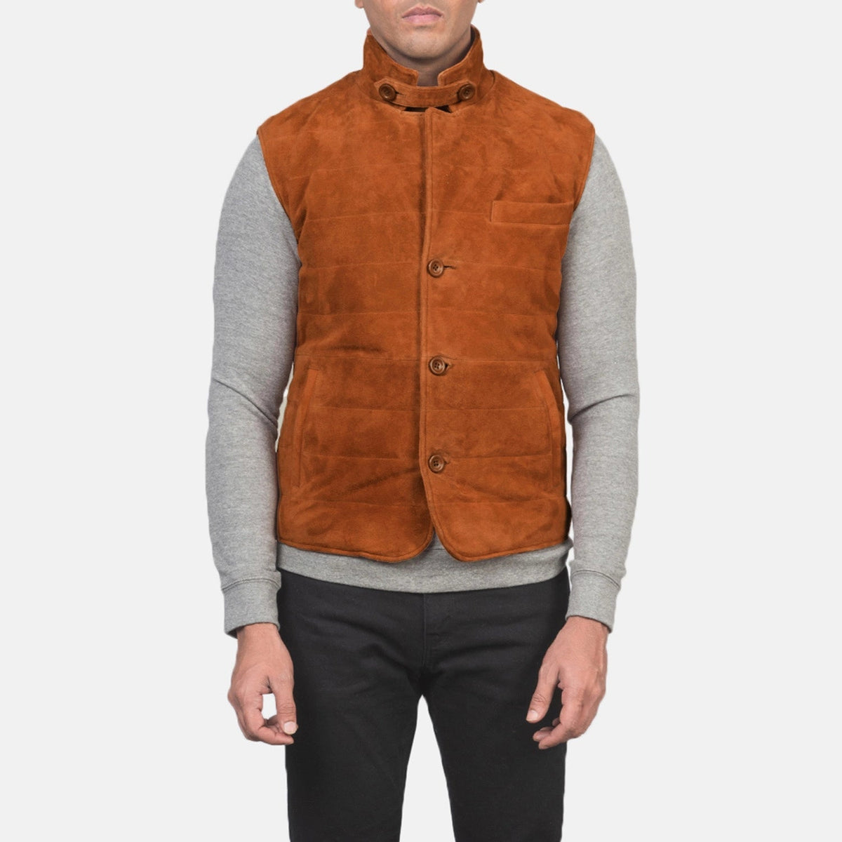 
Close-Up Detail of Notch with removable throat latch & Button Hardware on Tony Brown Suede Vest
