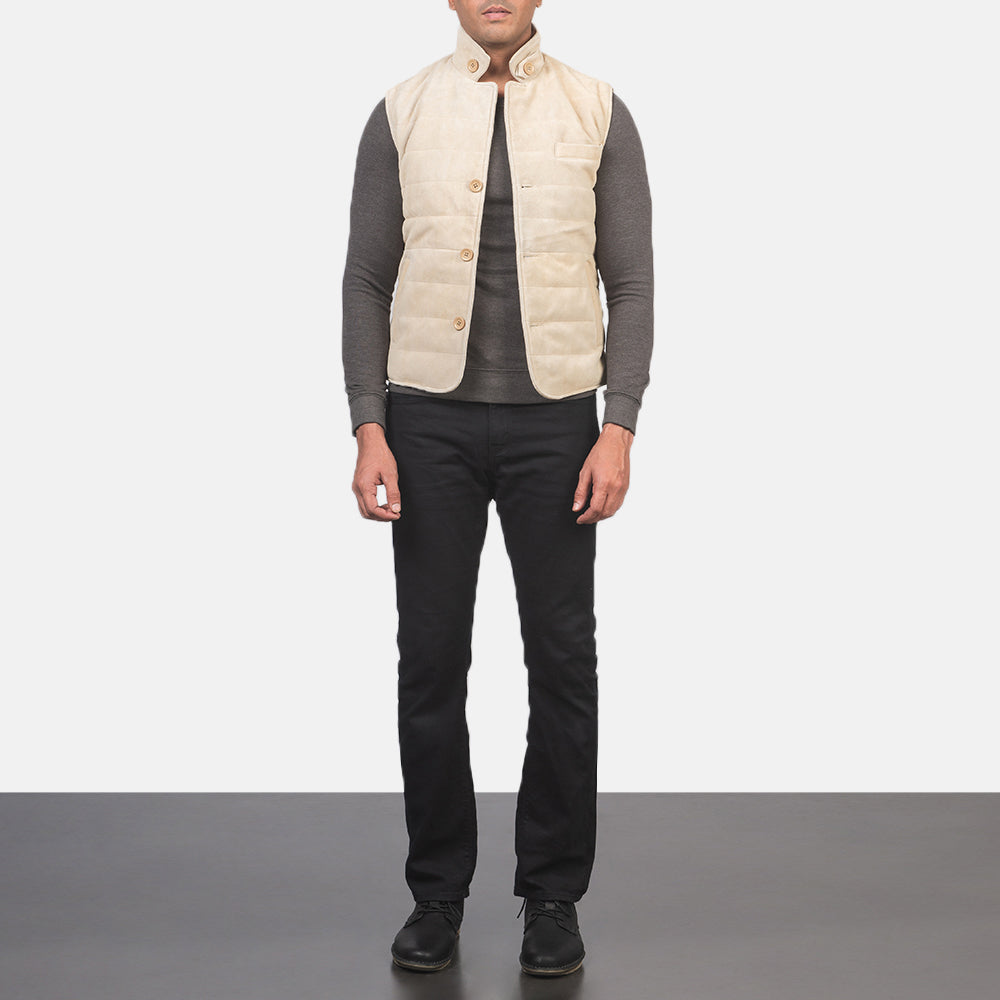 
Tony Off-White Suede Vest - Lateral Side Profile View Showing Sleeve Cut & Athletic Taper Fit