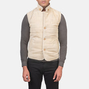 
Close-Up Detail of Notch with removable throat latch & Button Hardware on Tony Off-White Suede Vest
