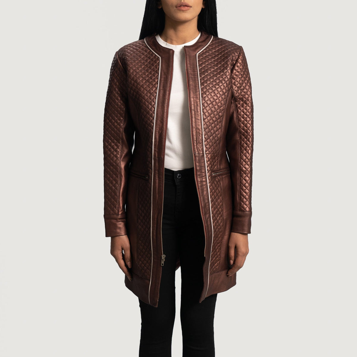 
Trudy Lane Quilted Maroon Leather Coat in Maroon Sheepskin Leather - Front Profile View & Tailored Silhouette | Buy Online