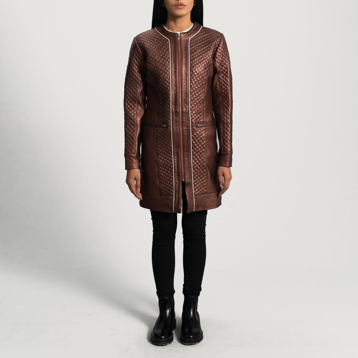 
Trudy Lane Quilted Maroon Leather Coat - Lateral Side Profile View Showing Sleeve Cut & Athletic Taper Fit