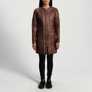 
Trudy Lane Quilted Maroon Leather Coat - Lateral Side Profile View Showing Sleeve Cut & Athletic Taper Fit