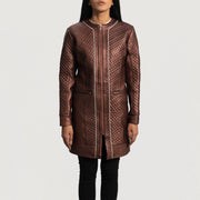 
Close-Up Detail of Classic Collar & Zipper Hardware on Trudy Lane Quilted Maroon Leather Coat