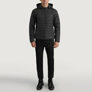 Tyler Svart Hooded Puffer Skinnjakke for Herre - Lateral Side Profile View Showing Sleeve Cut &amp; Athletic Taper Fit