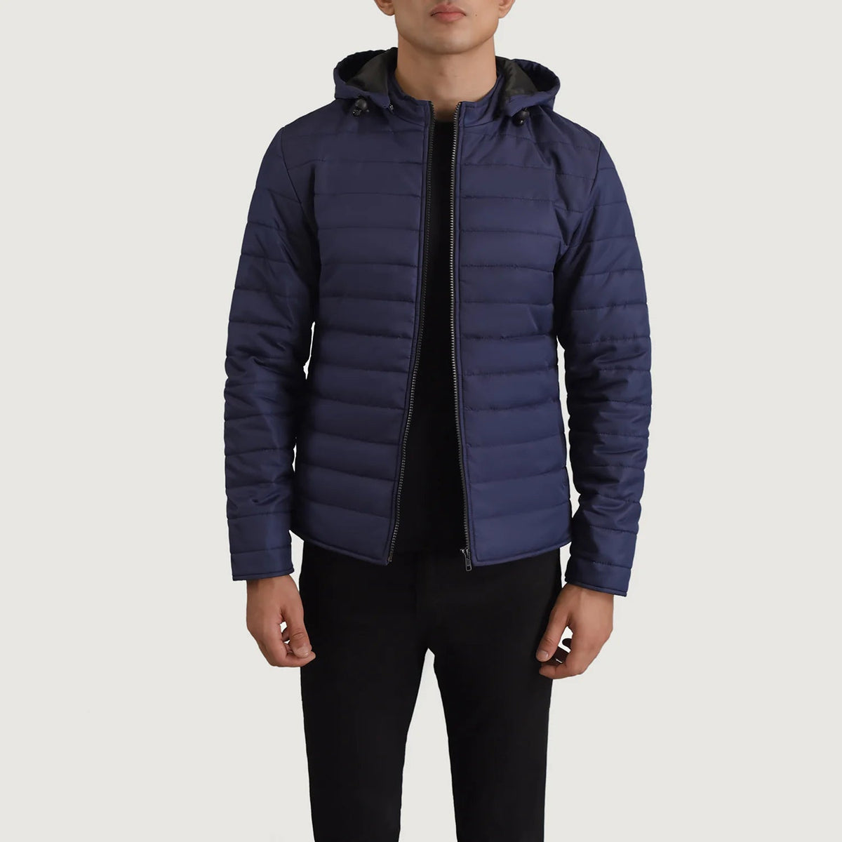 Tyler Blue Hooded Puffer Skinnjakke for Herre in Blue Full-Grain Leather - Front Profile View &amp; Tailored Silhouette | Buy Online