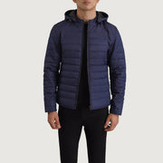 Tyler Blue Hooded Puffer Skinnjakke for Herre in Blue Full-Grain Leather - Front Profile View &amp; Tailored Silhouette | Buy Online