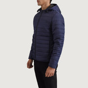 Blue Full-Grain Leather Hooded Jacket - Back View Showing Tailored Shoulder Fit &amp; Clean Hemline