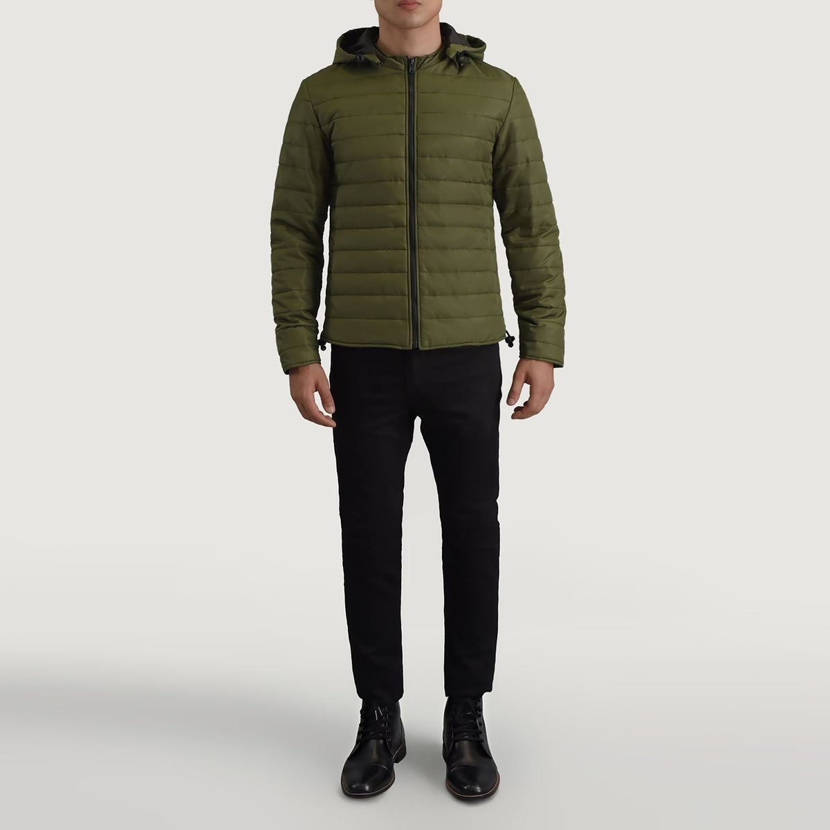 Tyler Green Hooded Puffer Skinnjakke for Herre - Lateral Side Profile View Showing Sleeve Cut &amp; Athletic Taper Fit