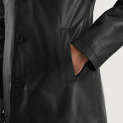 
Urban Slate Black Leather Coat - Lateral Side Profile View Showing Sleeve Cut & Athletic Taper Fit
