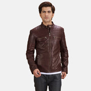 Urbane Quilted Maroon Bikerjakke i Skinn for Herre in Maroon Sheepskin Leather - Front Profile View &amp; Tailored Silhouette | Buy Online