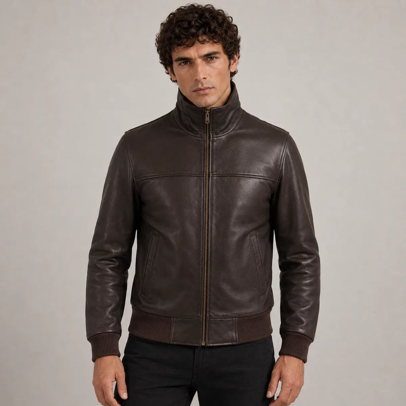 Dark Brun Sheepskin Bomberjakke i Skinn for Herre