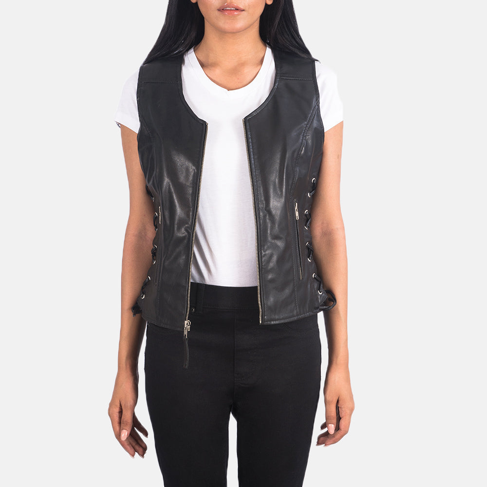 Women's Vanda Svart Leather Biker Vest for Kvinner in Black Goatskin Leather - Front Profile View &amp; Tailored Silhouette | Buy Online
